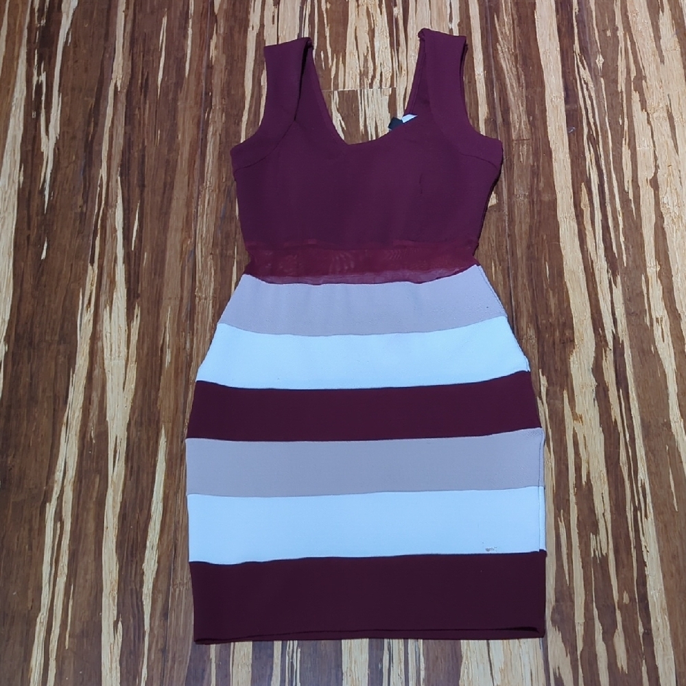 Windsor bodycon Striped burgundy, tan and white dress